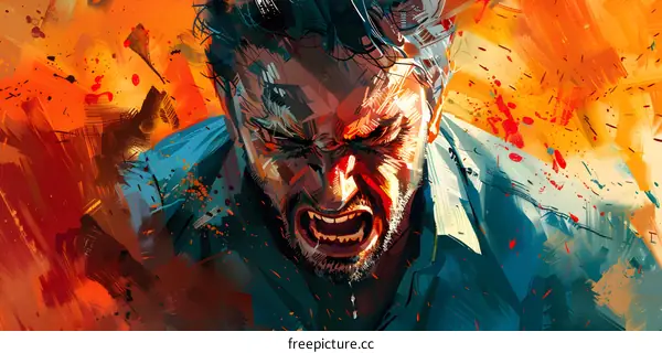 man in blue shirt screaming with orange background