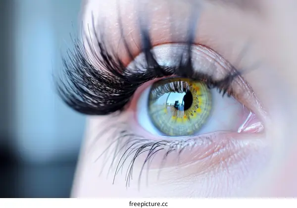 Close-up of a woman's green eye with long black eyelashes