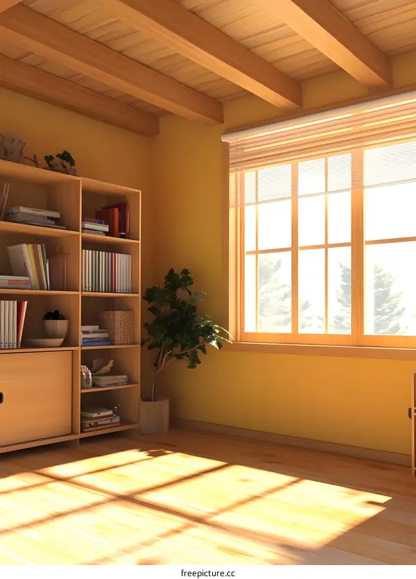 Sunlight Streaming Through Window in Cozy Room with Bookshelf