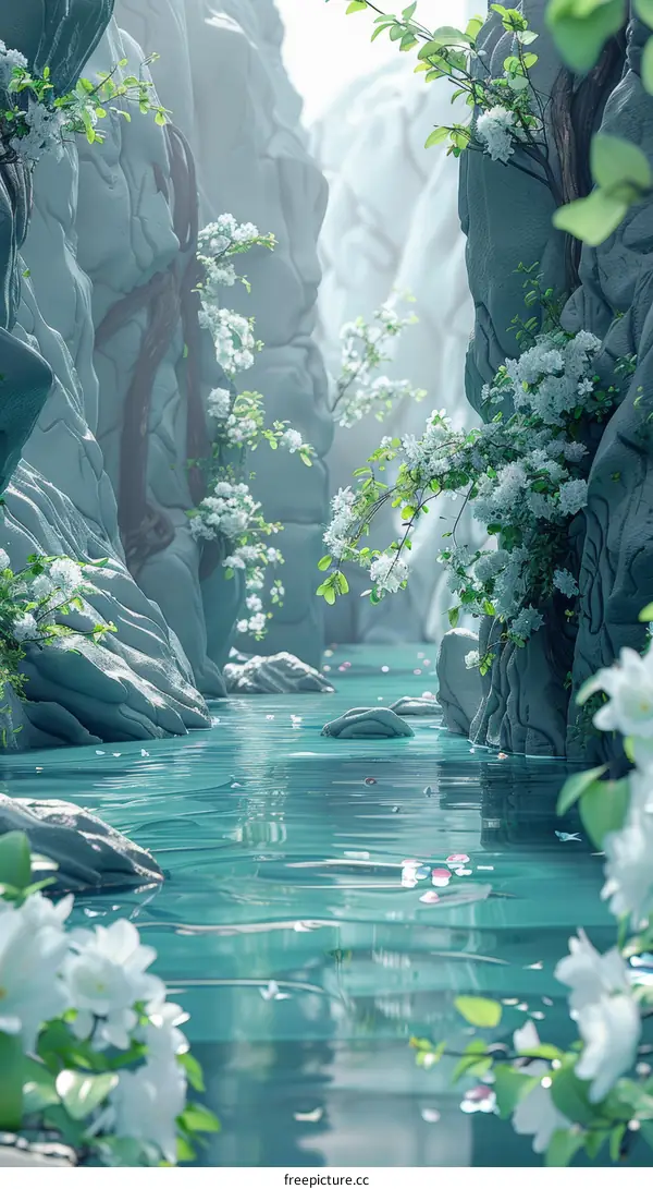 A Serene Mountain River Valley Filled with Blossoms