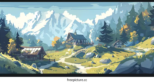 Mountain Valley Landscape with Houses