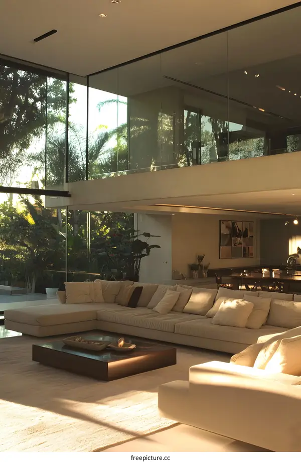Modern Living Room With Large Sectional Sofa and Glass Walls
