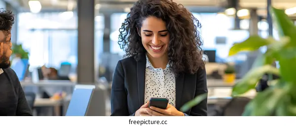 Smiling Businesswoman Using Smartphone in Modern Office