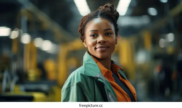 Smiling Portrait of a Young African-American Woman Working in a Factory
