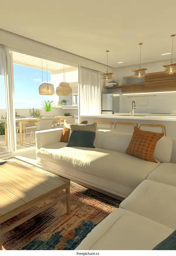 Modern White Sofa with Woven Lamps in Open Concept Living Room