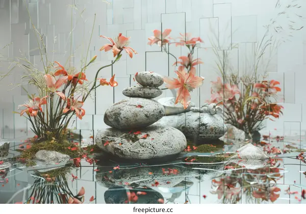 Still life with rocks, water and lilies