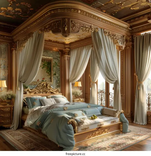 Ornate bedroom with a large bed and a sitting area