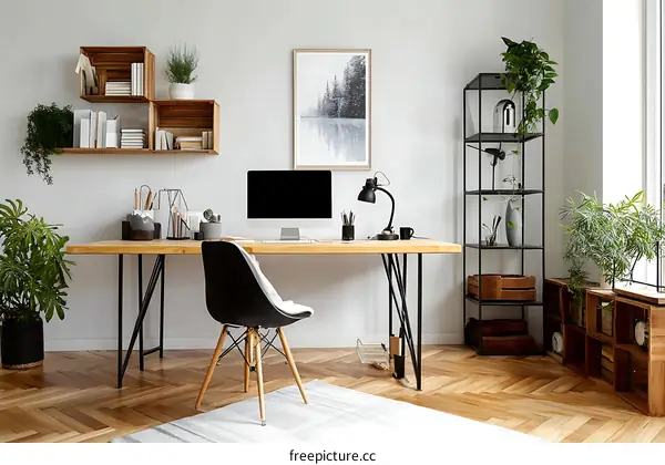 Modern Home Office with Wooden Furniture and Plants