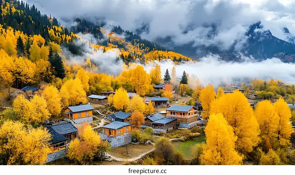 Autumn Village nestled in a Mountain Valley