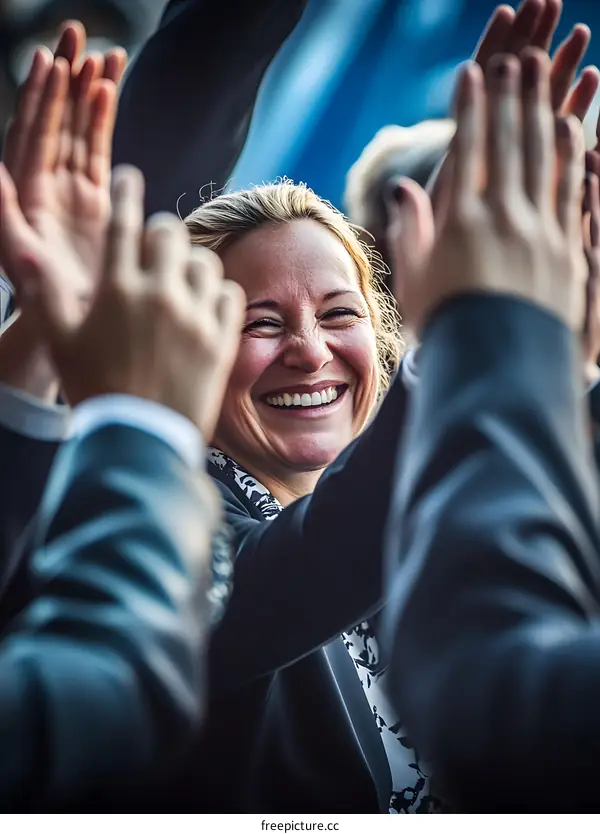 Businesswoman Celebrating Success With Team High Five