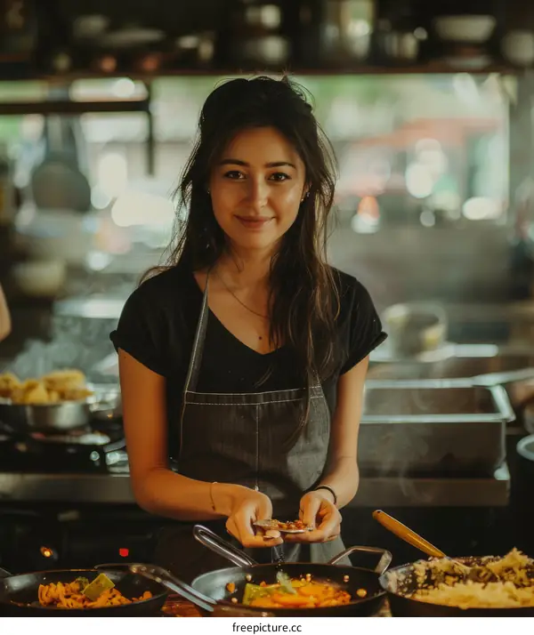 Young Woman Cooking in Commercial Kitchen