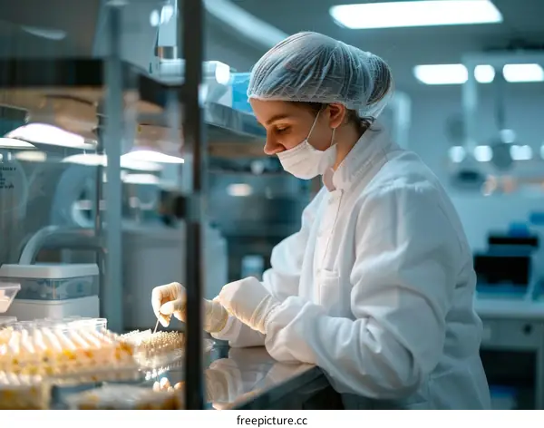 Female scientist wearing a mask and hairnet works in a laboratory