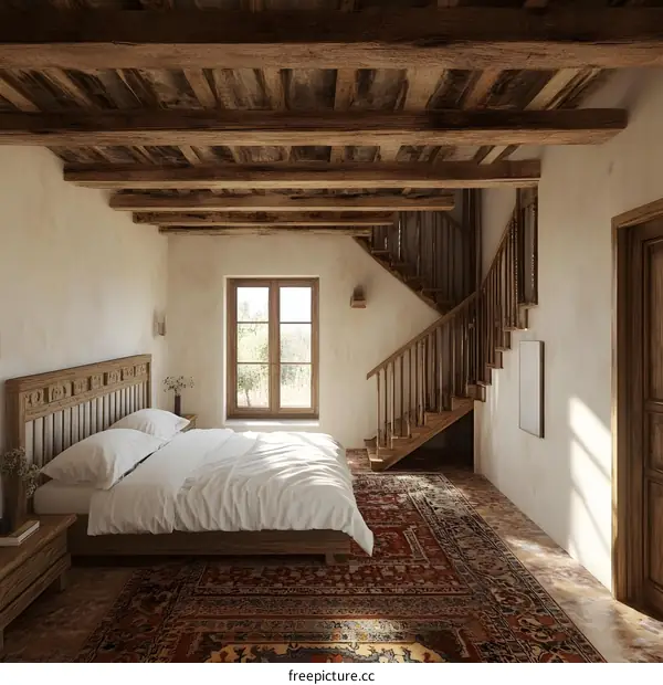 Rustic Bedroom Interior Design with Wooden Beams and Stairs