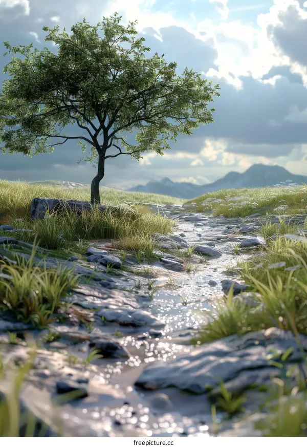 Small tree beside a meandering river in a rugged valley on a cloudy day
