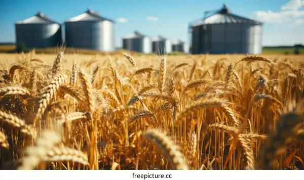 Golden Wheat Field with Grain Elevator in the Distance