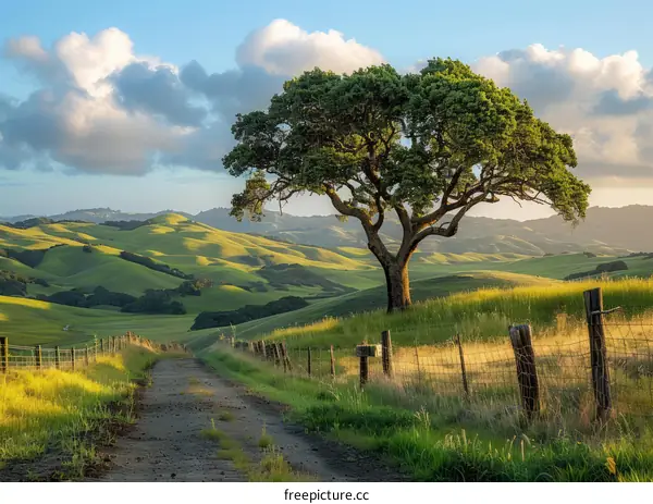Lonely Oak Tree in a Rolling California Landscape