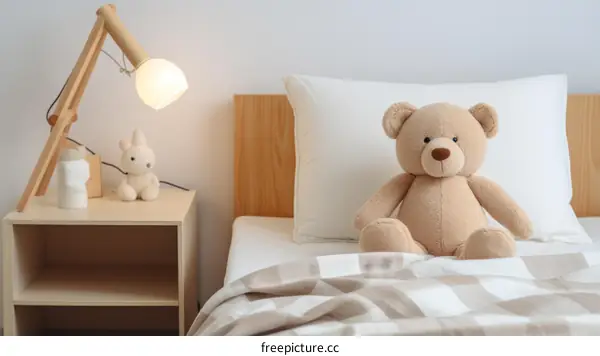 A Cute Teddy Bear Sitting on a Bed with a Lamp and Bunny Nightlight