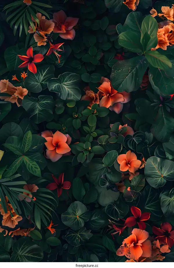 Tropical Leaves and Flowers Background