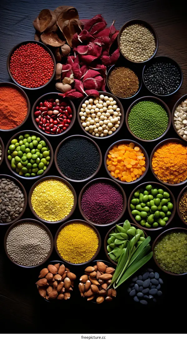 Colorful Spices and Grains in Bowls on a Wooden Table