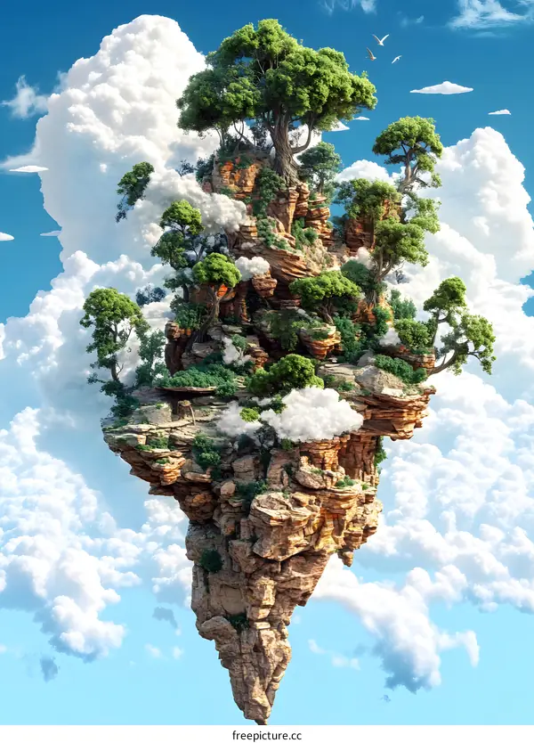 Fantasy Floating Island With Trees And Clouds