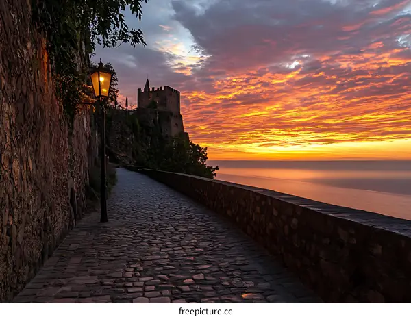 Cobblestone Path Leading To Ancient Castle During Sunset