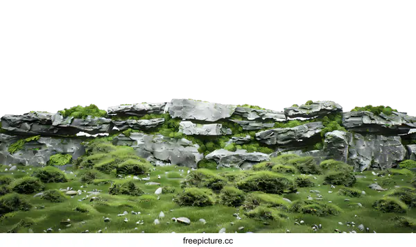 [Transparent Background PNG]Green Grass Field with Stone Wall and Moss
