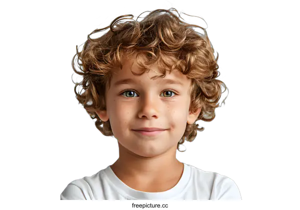 [Transparent Background PNG]Portrait of a Young Boy with Curly Blonde Hair and Freckles