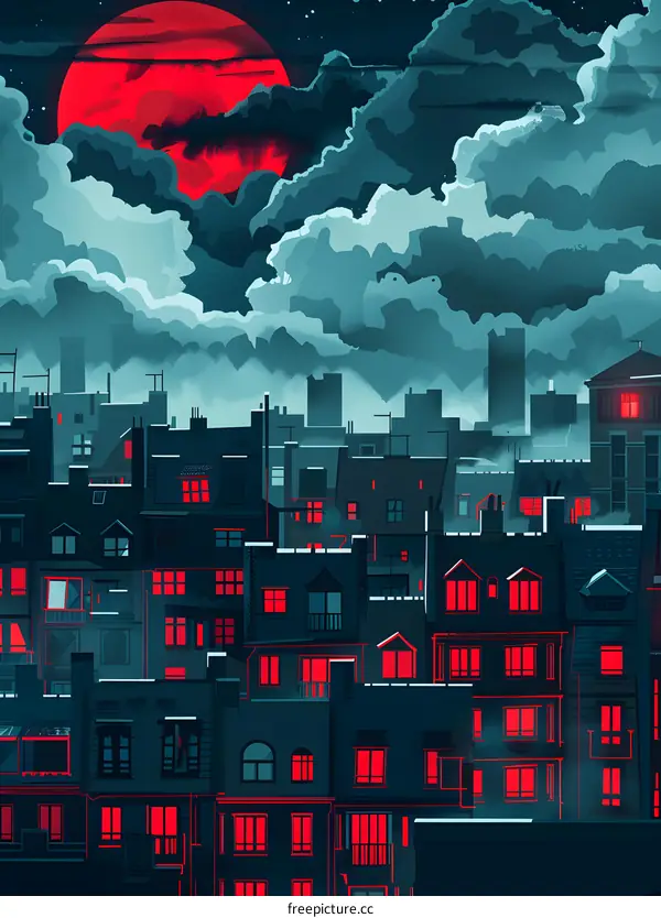 Cityscape at Night with Red Moon and Clouds