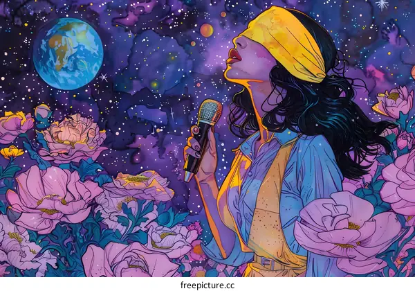 Cosmic Serenade: Woman Singing Amidst the Stars and Flowers