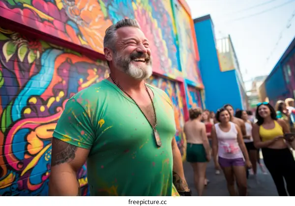 A man with a beard is smiling in front of a colorful mural