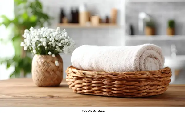 Beige Towel in Wicker Basket with Flowers in Bathroom