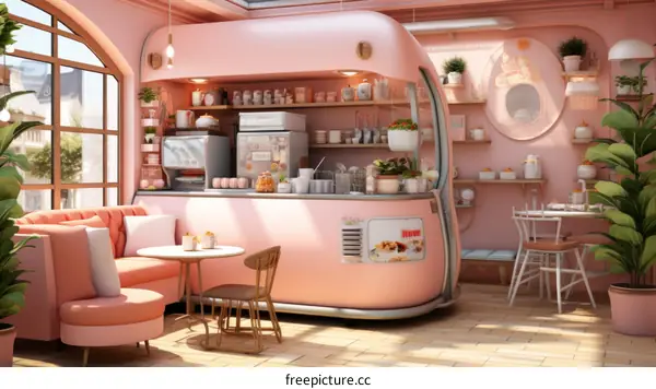 Pink Cafe Interior with Sofa, Tables, and Chairs Illustration