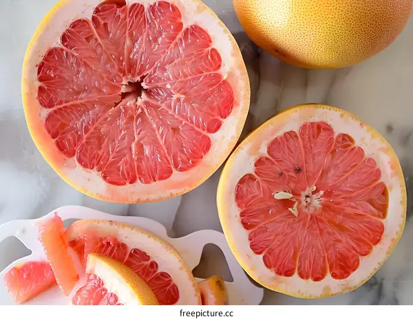 Fresh Red Grapefruit Slices on White Marble