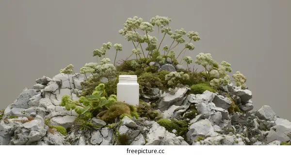 White Pill Bottle on a Miniature Mountain Landscape