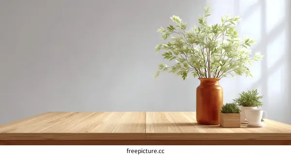 Minimalist Wooden Tabletop with Plants