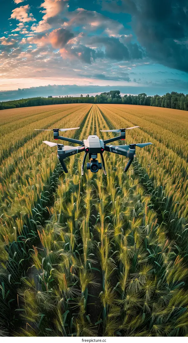 Drone Collecting Data Over Wheat Field