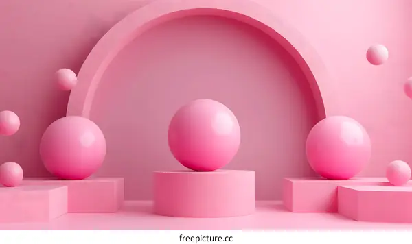 Pink abstract background with podiums and spheres
