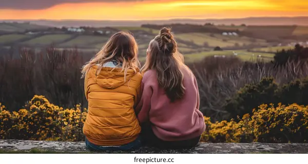 Two Female Friends Enjoying Sunset Over Lush Green Landscape