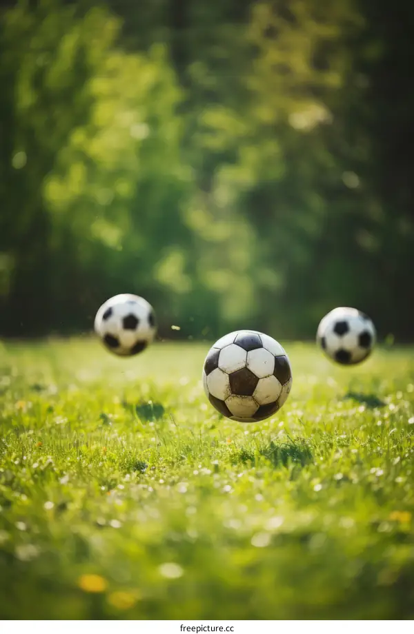 Three soccer balls are suspended in mid-air above green grass with a blurred background