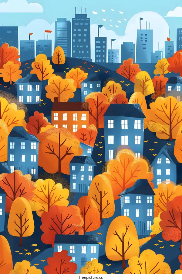 Autumn Cityscape Illustration with Colorful Trees and Buildings
