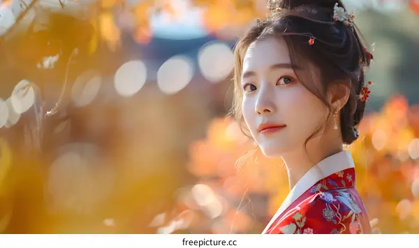 Portrait of a beautiful Asian woman in traditional Korean dress, or Hanbok