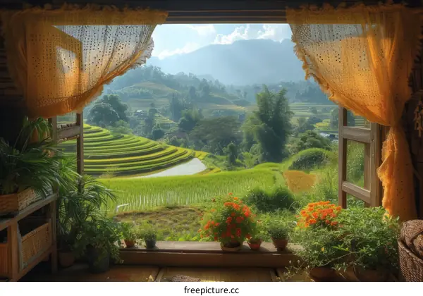 Curtains open to reveal a beautiful terraced landscape