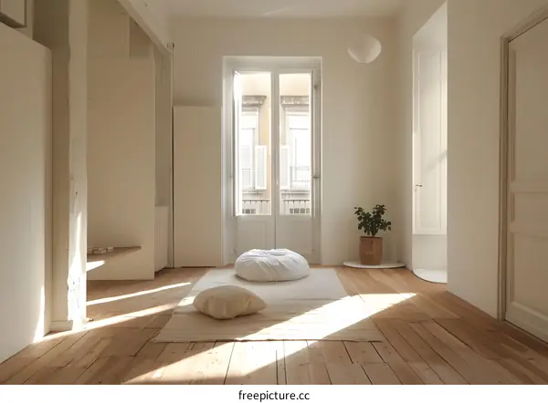 Minimalist White Interior Design with Wooden Floor and Large Window