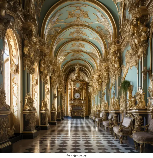 Ornate Hallway with Checkered Marble Floor and Golden Statues