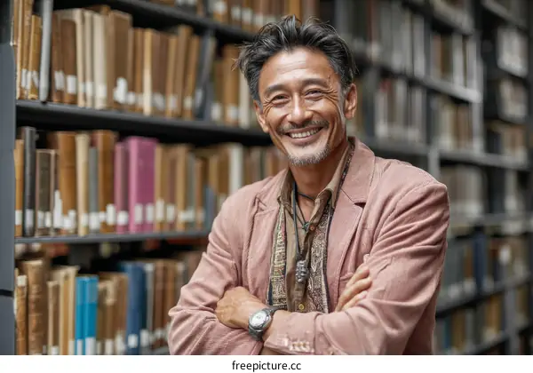 Smiling Asian Man in a Library