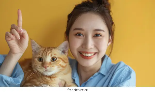 A young woman is holding a cat and smiling at the camera