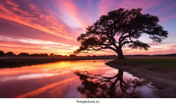 Savanna landscape with a large tree at sunset
