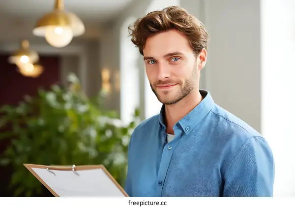 Businessman Holding Clipboard in Modern Office