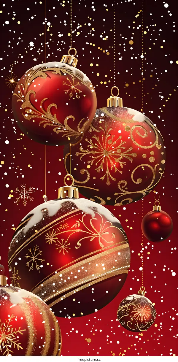 Red and gold Christmas balls with snowflakes