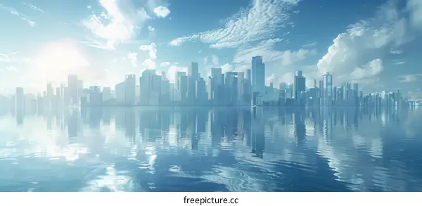 Sunlit Cityscape with Skyscrapers Reflecting on Water